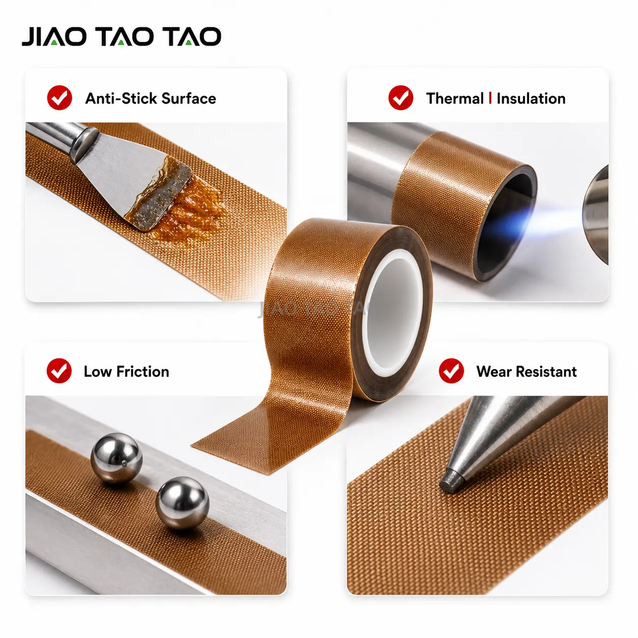 PTFE fiberglass tape material structure with PTFE coating fiberglass cloth and silicone adhesive